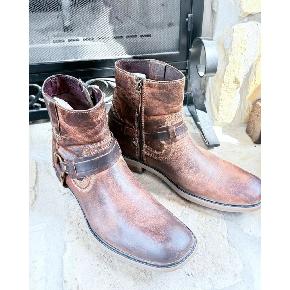 ROAN by BED STÜ Men's 11.5 Brown Leather Harness Moto Ankle Boots Zip